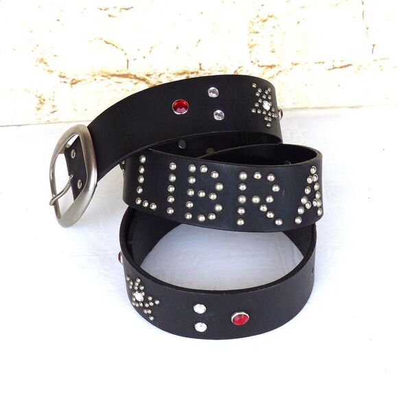 Old Navy Leather Belt Women M/L Black Studded Rhinestone Zodiac LIBRA Y2K 2001 - Picture 8 of 14